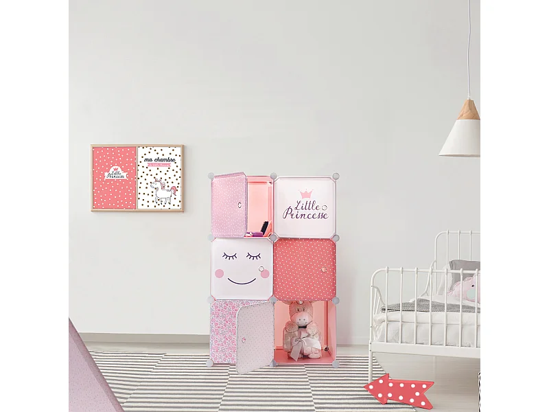 Rangement Armoire Modulable 6 Cubes Fille Rose, Blanc, Gris, Violet