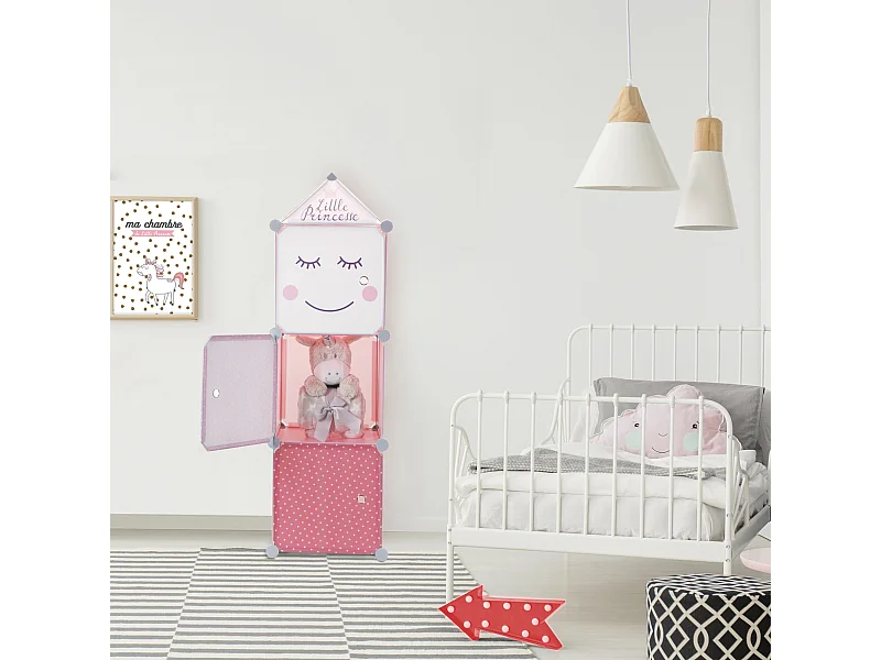 Rangement Armoire Modulable 3 Cubes Fille Rose, Blanc, Violet