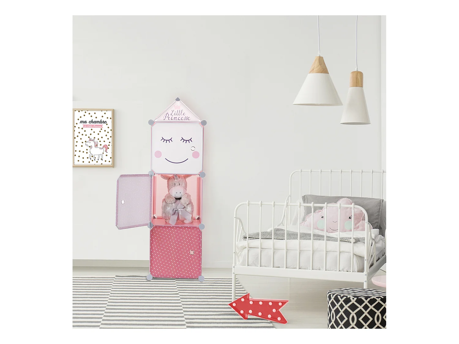 Rangement Armoire Modulable 3 Cubes Fille Rose, Blanc, Violet