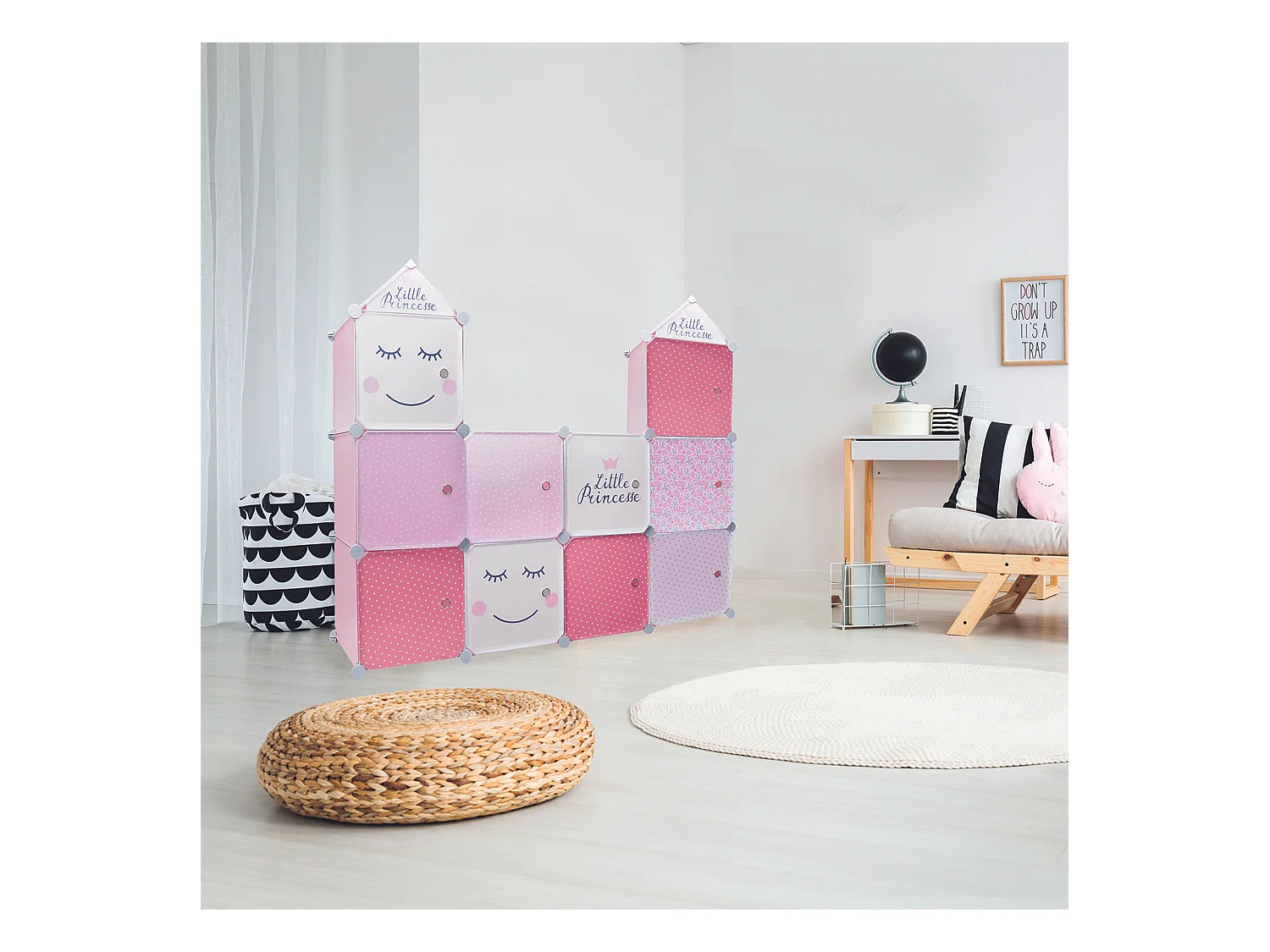 Rangement Armoire Modulable 3 Cubes Fille Rose, Blanc, Violet