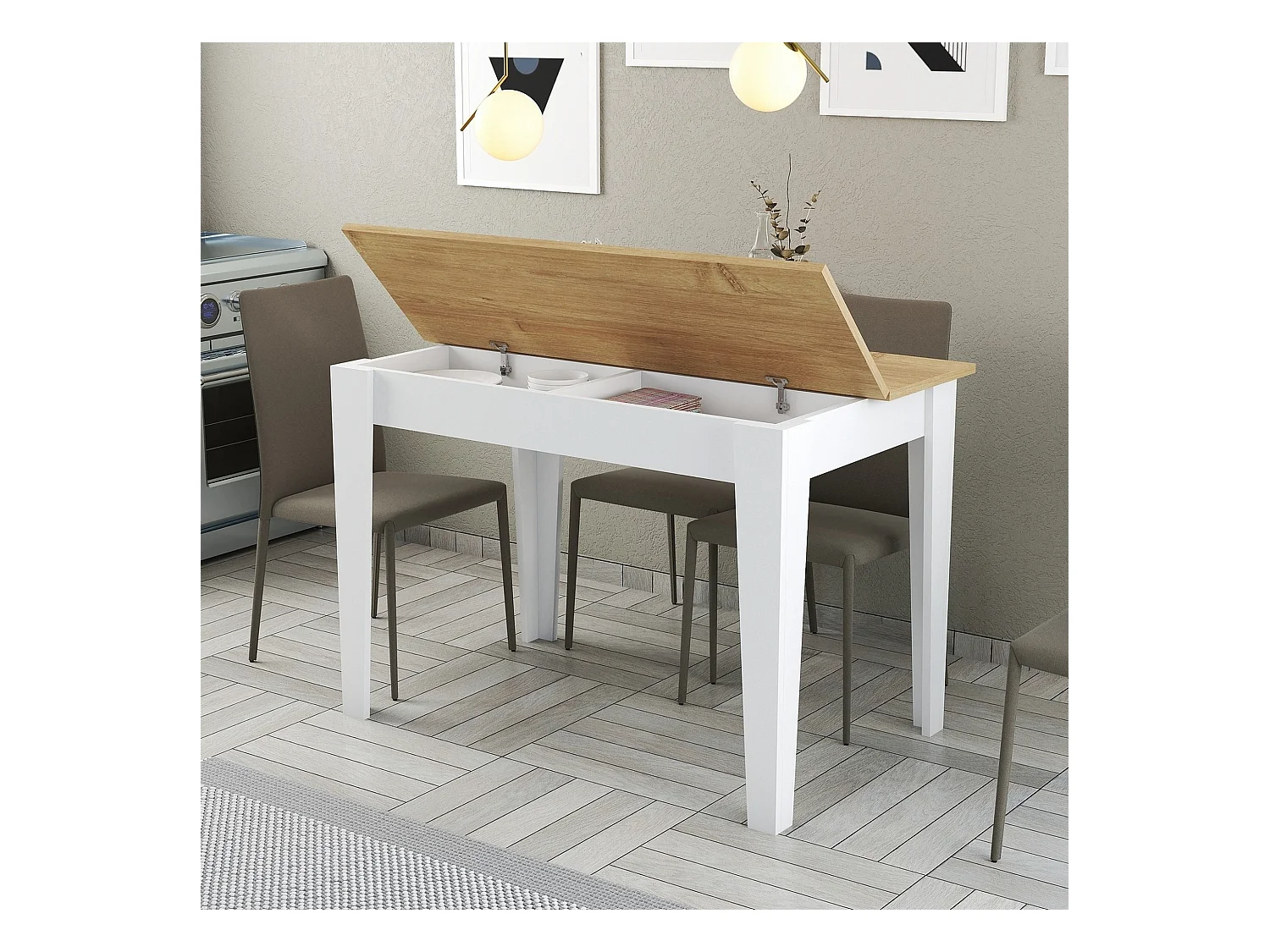 Table De Cuisine, 100% Aggloméré Plaqué Mélamine, Couleur Blanche. Dimensions 110 x75 x 72 cm