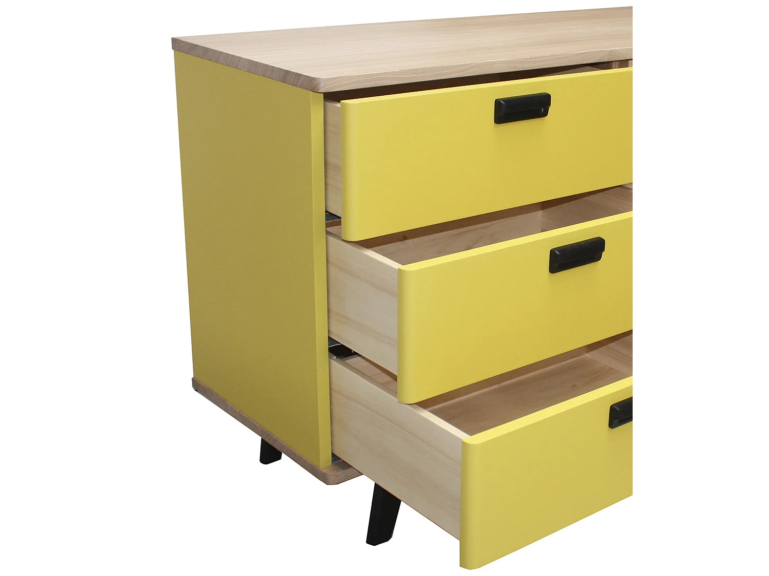 Buffet chêne blanchi massif et laqué, 3 tiroirs, 1 porte - 130L x 48P