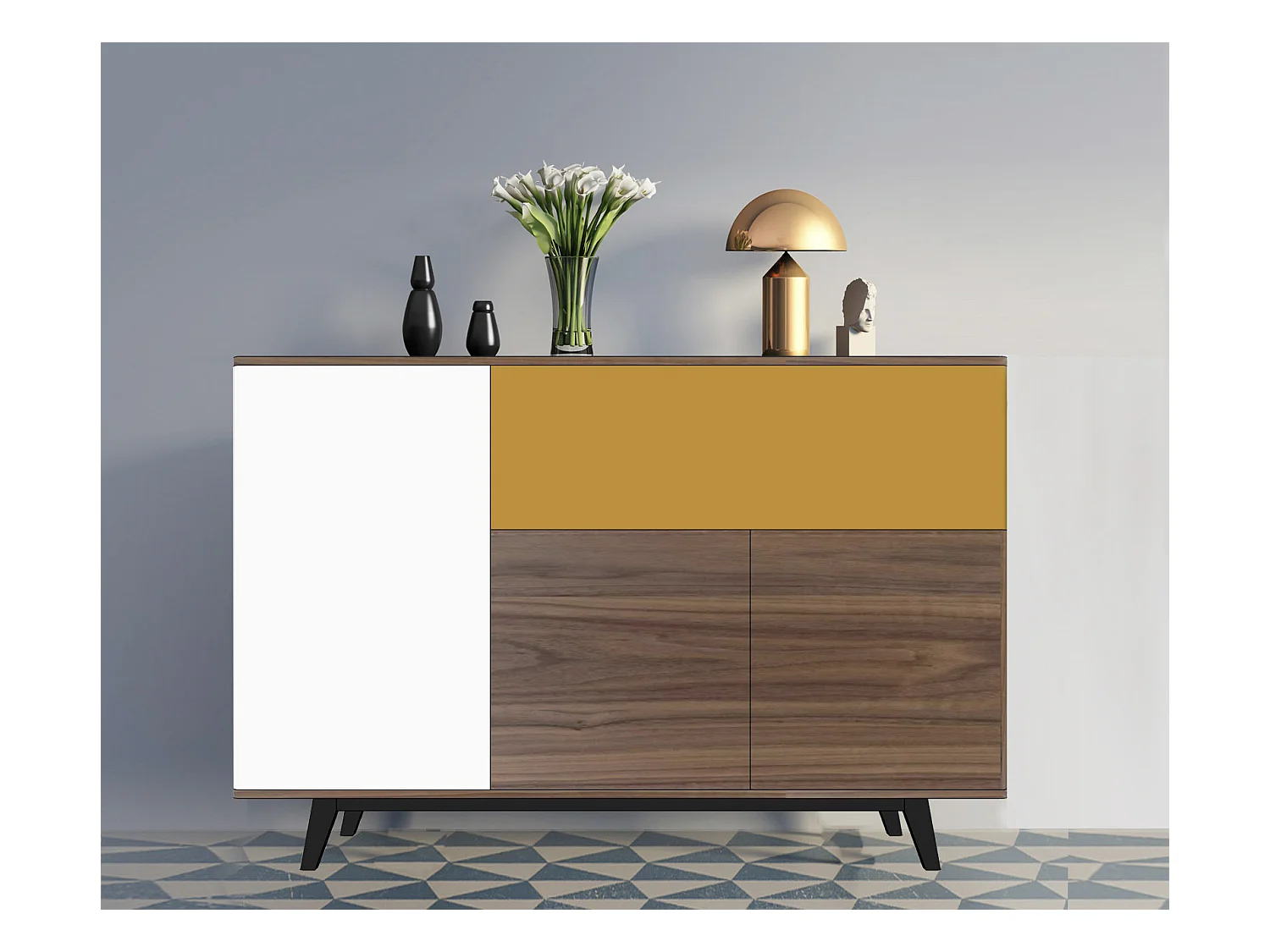Vaisselier noyer naturel massif et laqué, 3 portes , 1 abattant - 165L x 46P