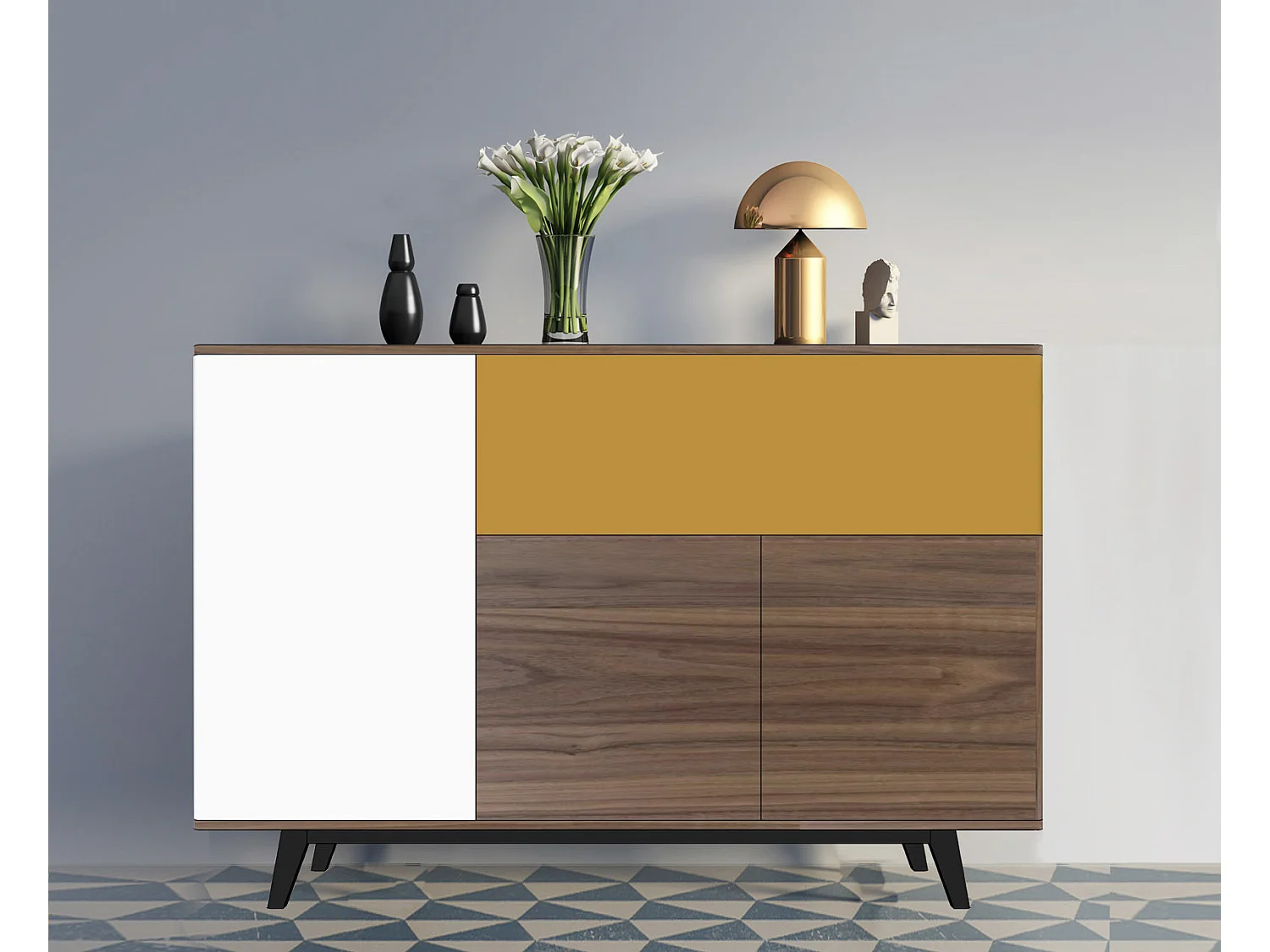 Vaisselier noyer naturel massif et laqué, 3 portes , 1 abattant - 165L x 46P