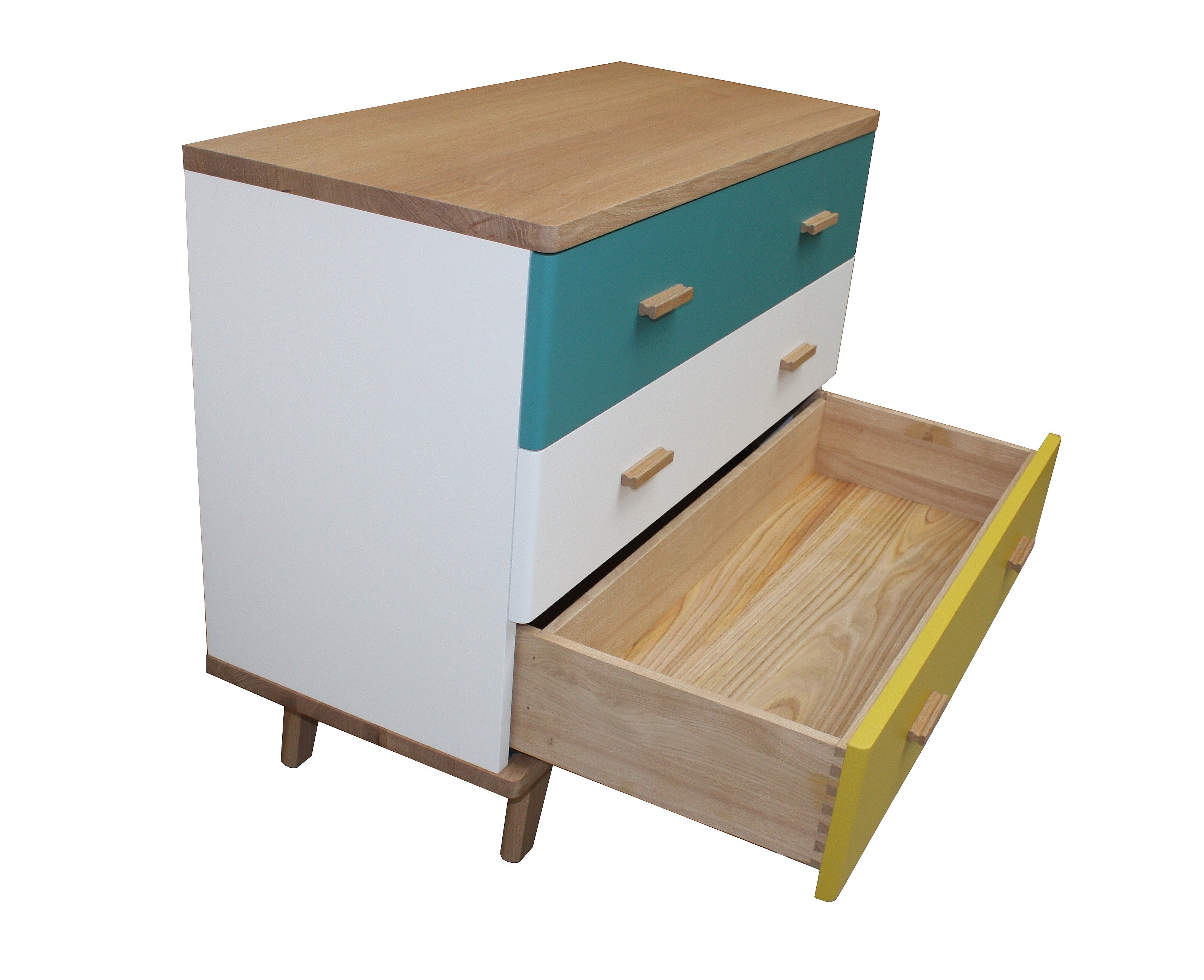 Commode chêne blanchi massif et laqué, 3 tiroirs - 100L x 45P