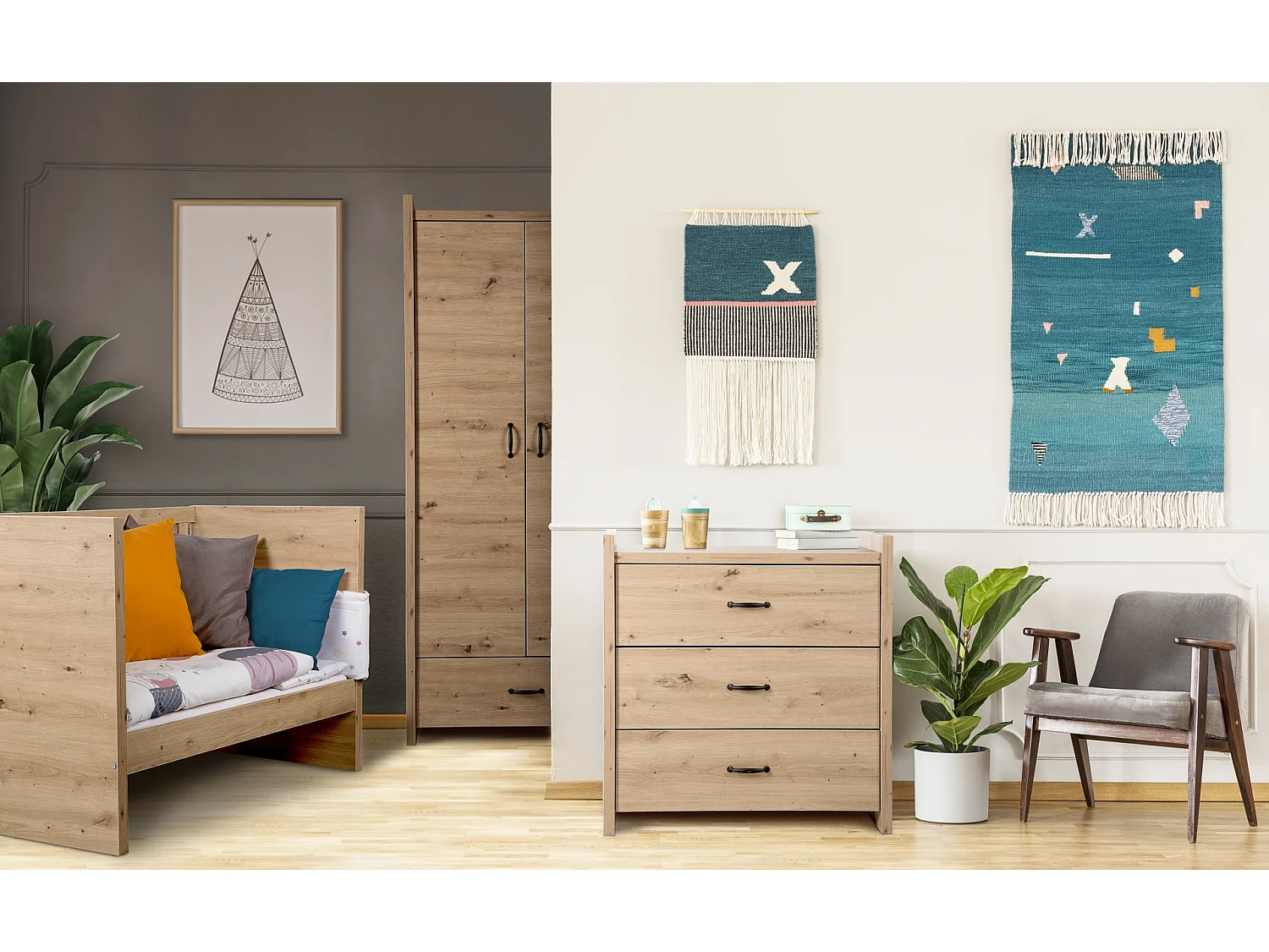 MINEA | Armoire ELISA L. 84 cm Imitation Chêne | 2 portes + 1 tiroir