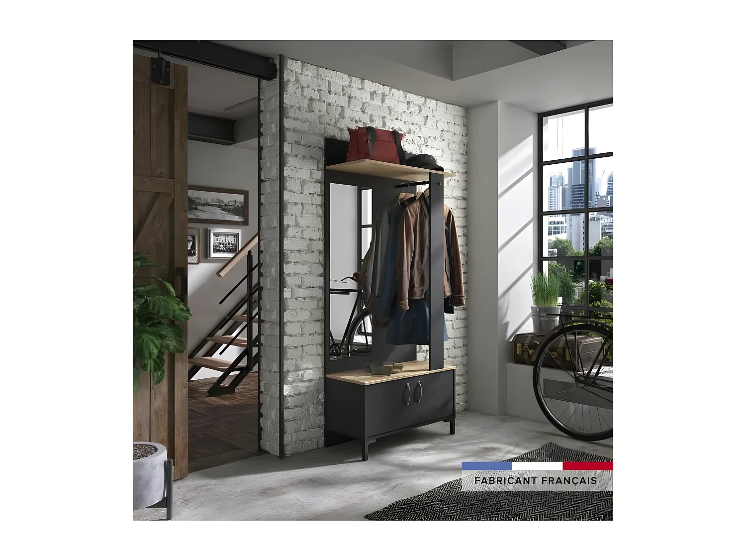 Eingangsschrank mit 2 Türen – SonomaEiche und schwarzes Dekor – 81 x 37 x Höhe 190 cm