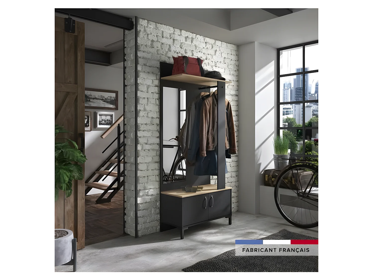 Meuble d'entrée 2 portes - Made in France - Décor chene sonoma et noir - L 81 x H 190 x P 37 cm - STORE