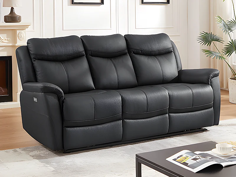 Canapé 3 places relax électrique en cuir de vachette noir NOMAJO