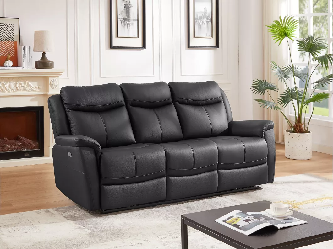 Kauf Unique Relaxsofa 3-Sitzer elektrisch - Rindsleder - Schwarz - NOMAJO