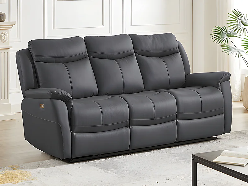 Canapé 3 places relax électrique en cuir de vachette gris anthracite NOMAJO