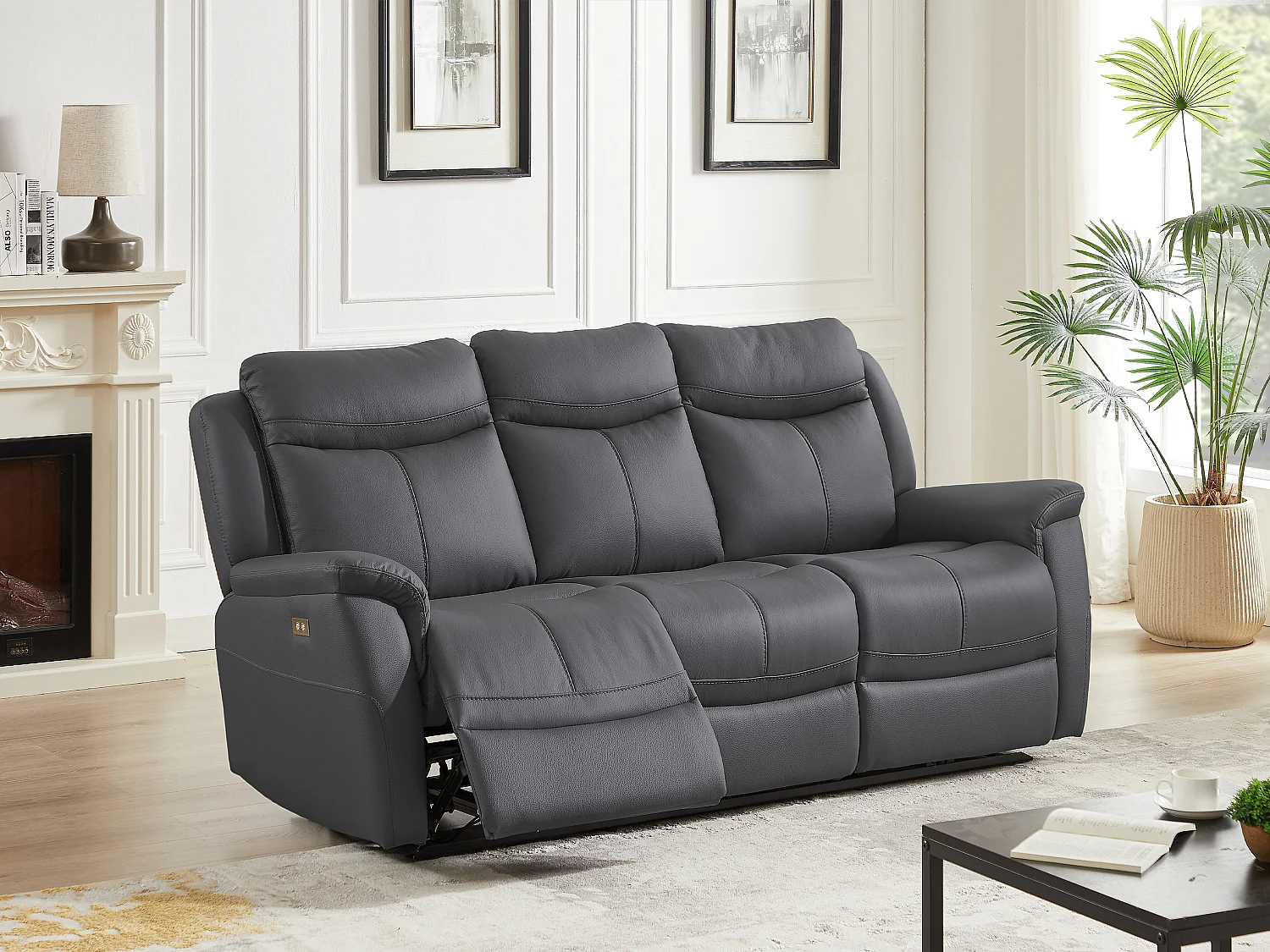 Relaxsofa 3-Sitzer elektrisch - Rindsleder - Anthrazitgrau - NOMAJO