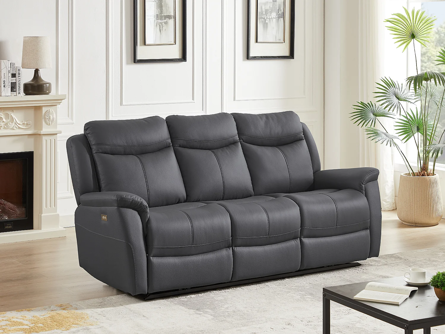 Relaxsofa 3-Sitzer elektrisch - Rindsleder - Anthrazitgrau - NOMAJO