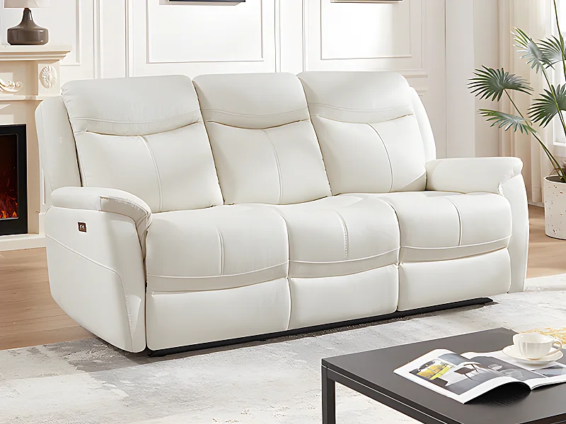 Canapé 3 places relax électrique en cuir de vachette blanc NOMAJO