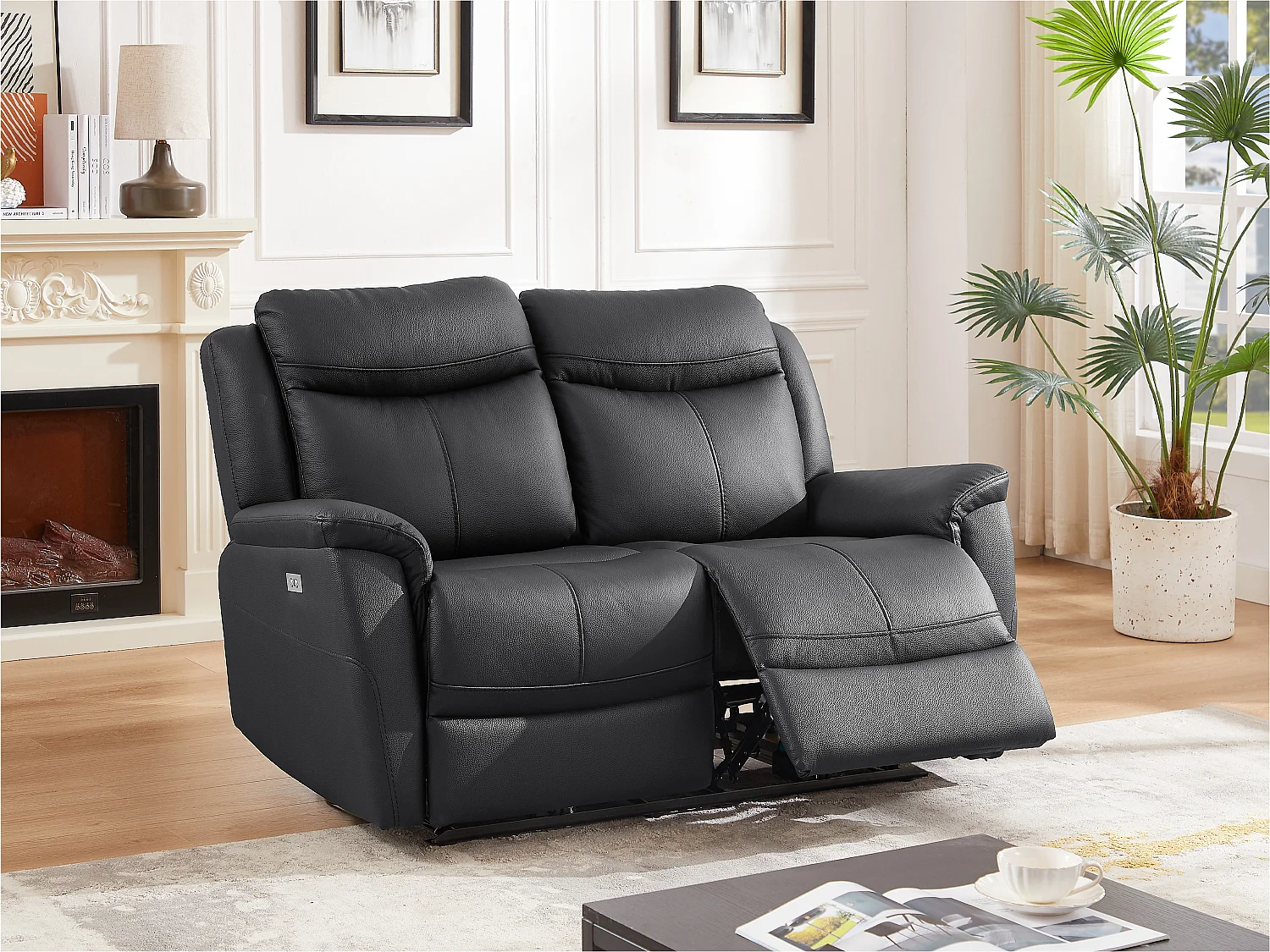 2-sits elektrisk reclinerfåtölj i svart kalvläder NOMAJO