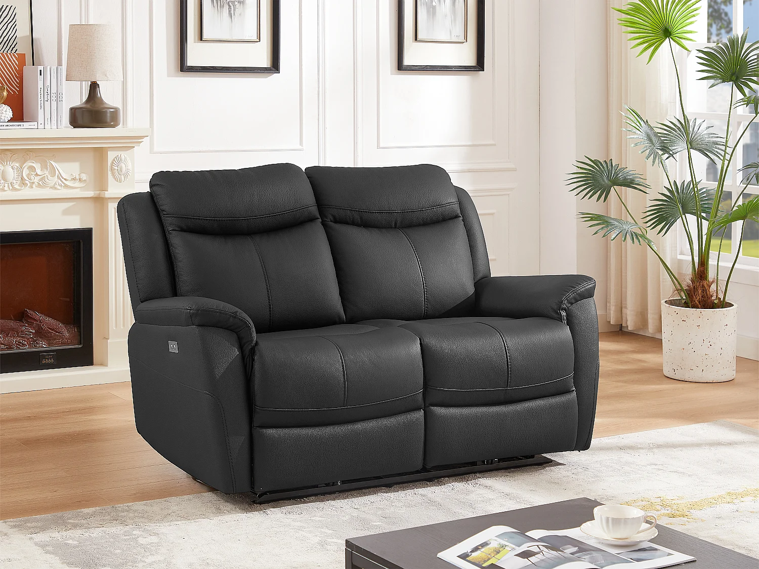 2-sits elektrisk reclinerfåtölj i svart kalvläder NOMAJO