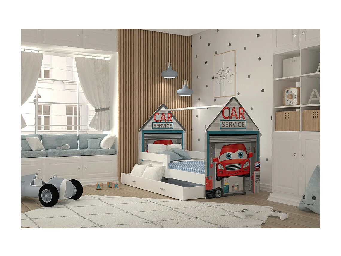 Lit Cabane DAILY 80x160 Blanc - Garage Livré avec le sommiers et tiroir.