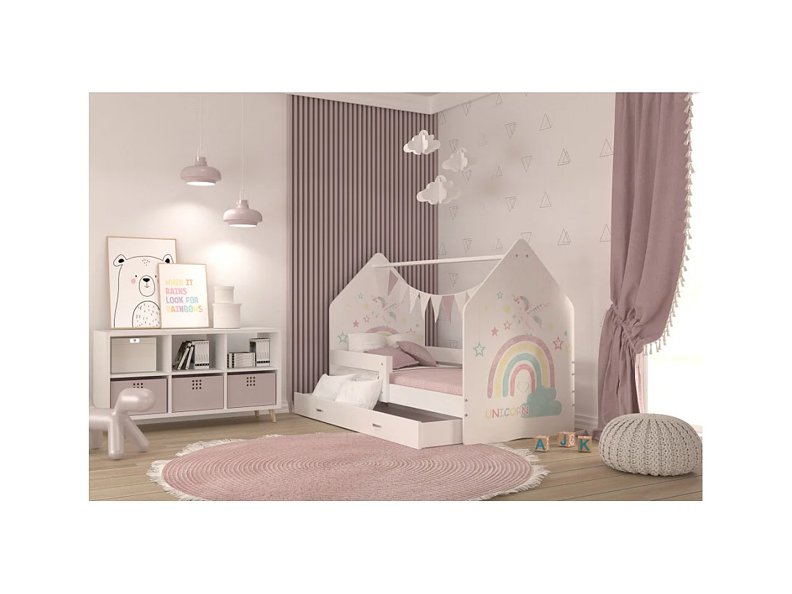 Lit Cabane DAILY 80x160 Blanc - Licorne Livré avec le sommiers et tiroir.