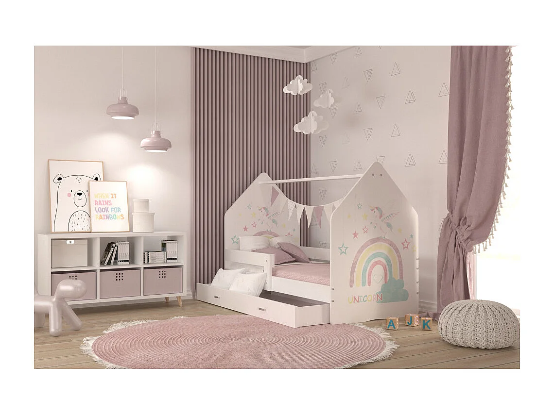 Lit Cabane DAILY 80x160 Blanc - Licorne Livré avec le sommiers et tiroir.