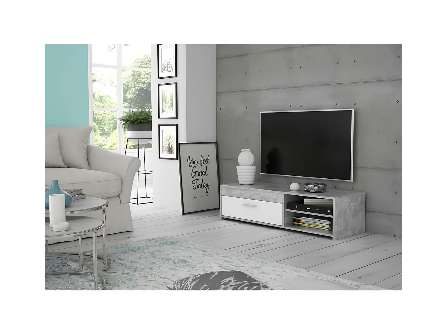 Witte en lichte betonnen tv-kast - 120 x 42,1 x 31,8 cm