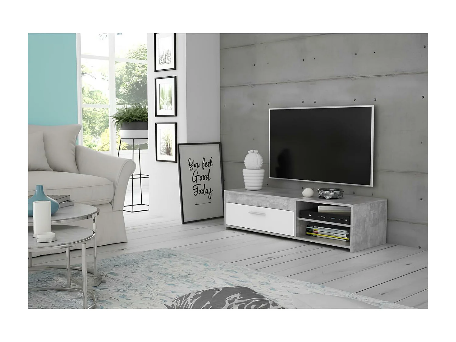 Meuble TV - Contemporain - Panneau de particules - Blanc/Béton Gris Clair - L 120 x P 42,1 x H 31,8 cm - PILVI