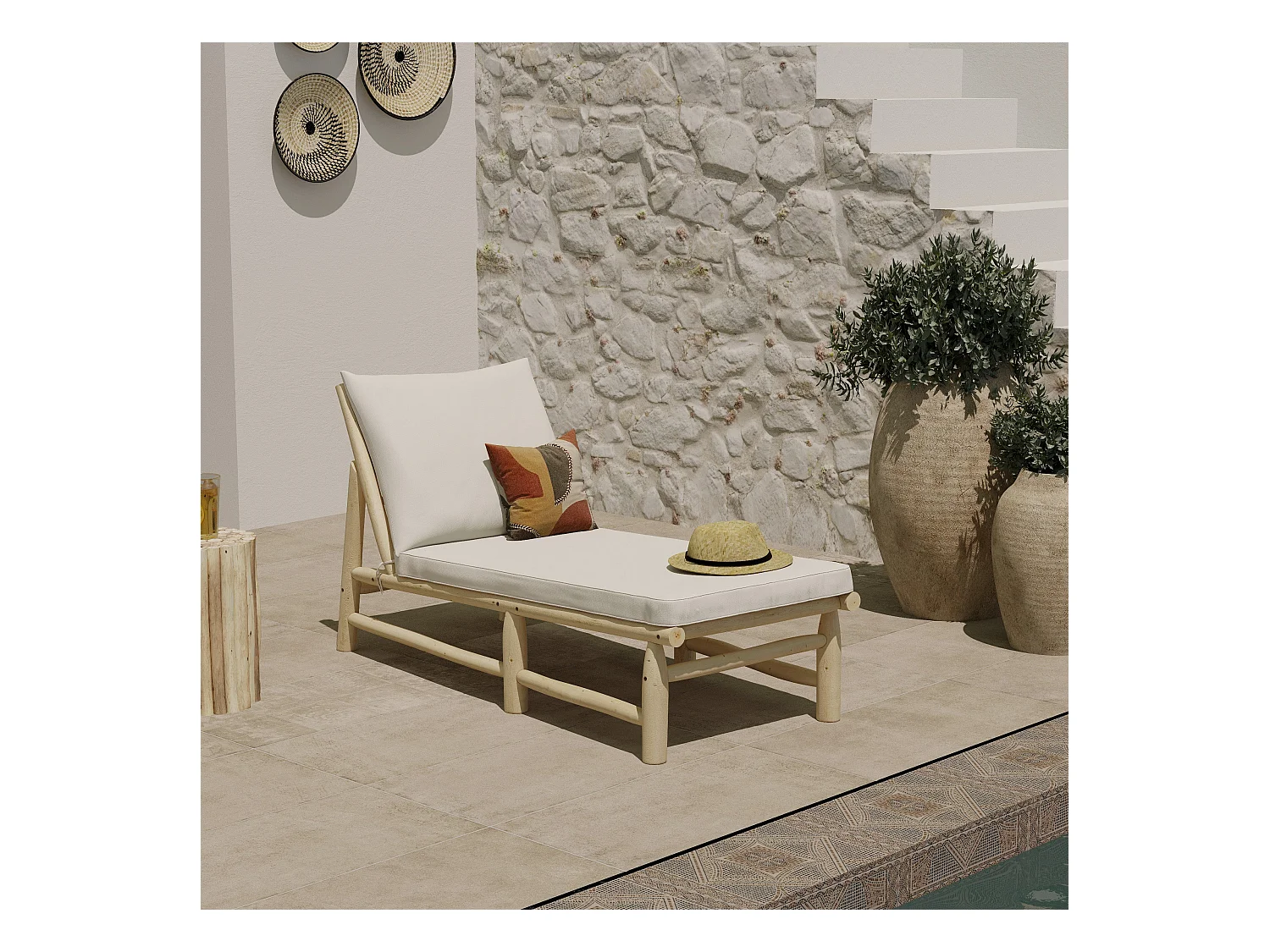 Transat en branche de teck et matelas blanc cassé - Makam
