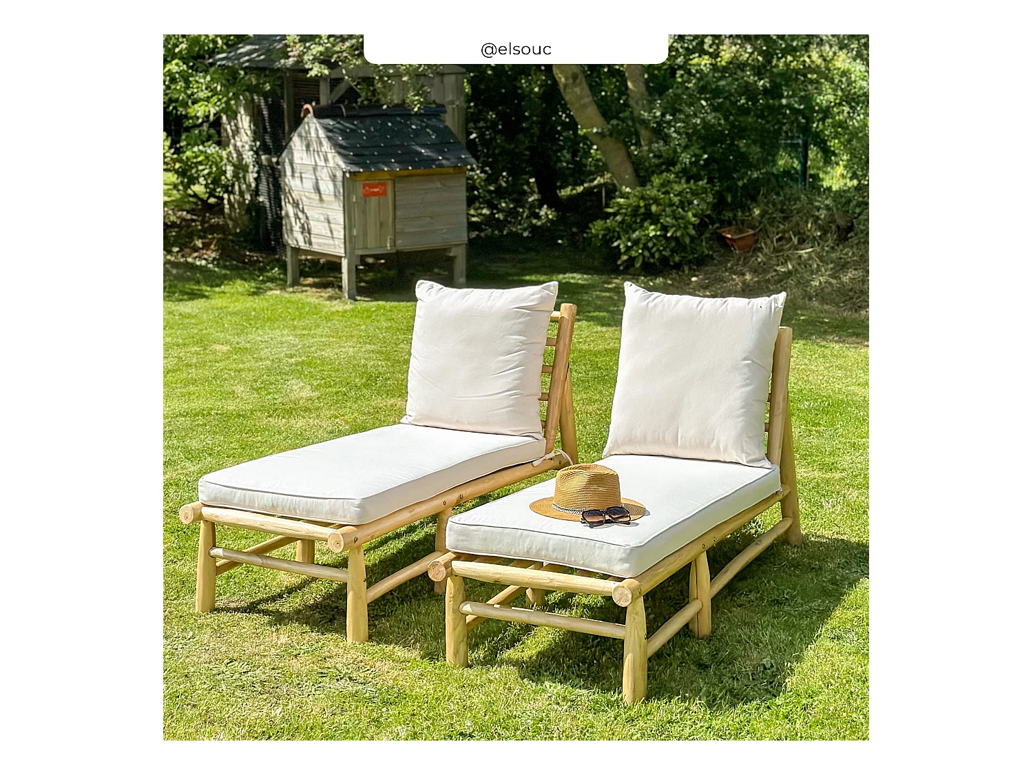 Transat en branche de teck et matelas blanc cassé - Makam