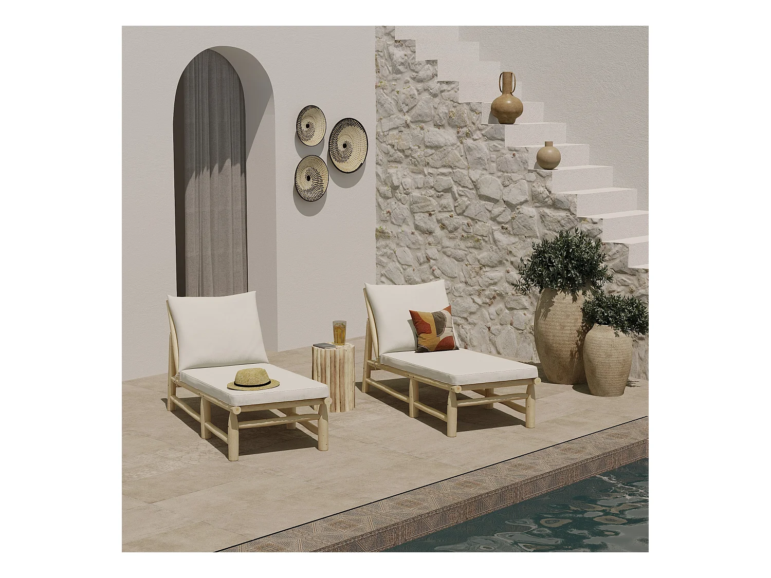 Transat en branche de teck et matelas blanc cassé - Makam