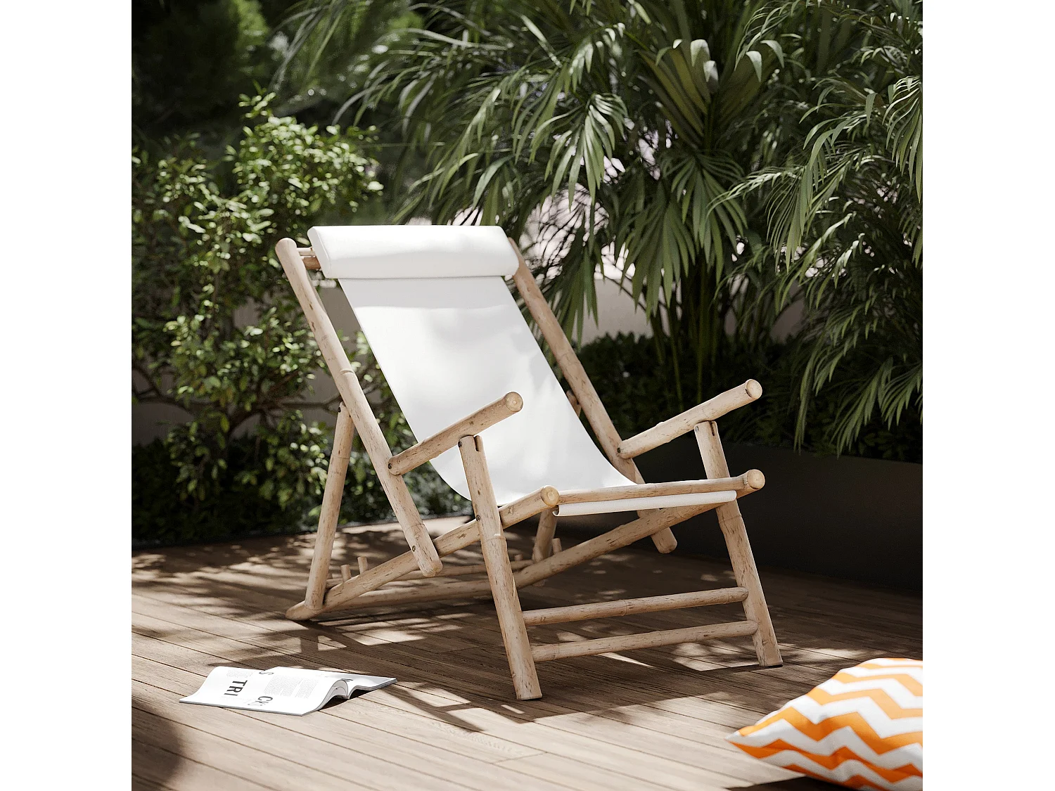 Silla de jardín de bambú y lona blanca - Vadella