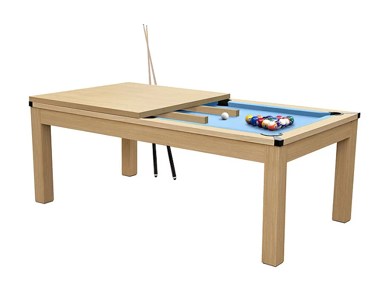 Tavolo da biliardo trasformabile legno chiaro tappeto blu chiaro - Eddie