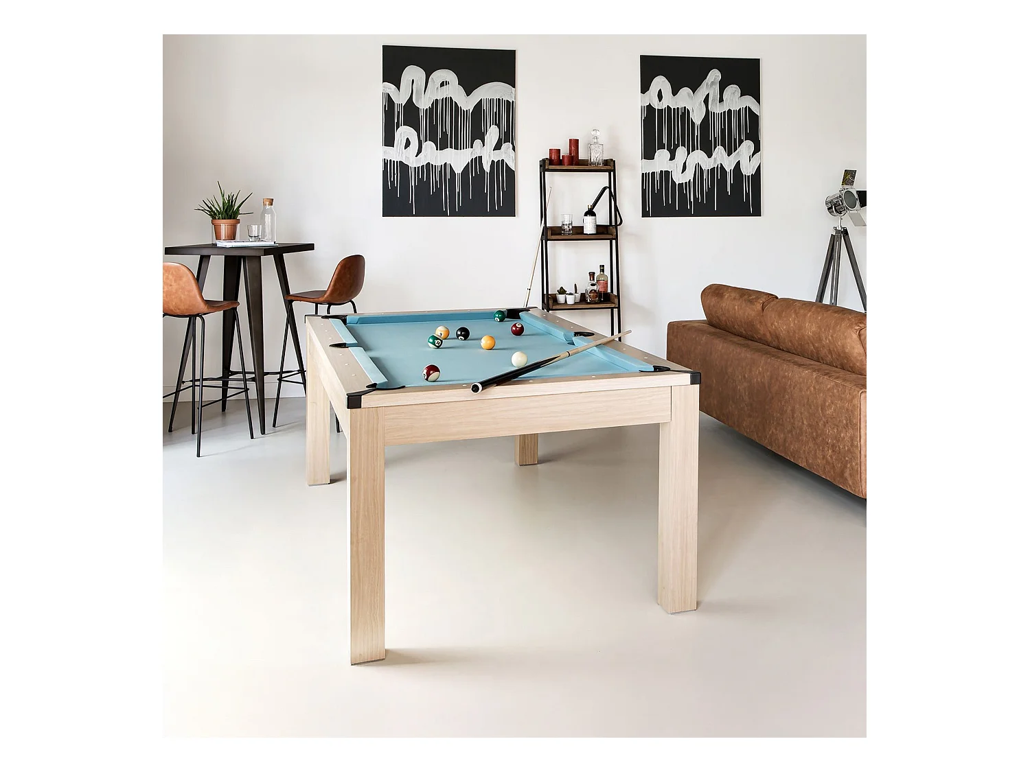 Table de billard convertible bois clair tapis bleu clair - Eddie