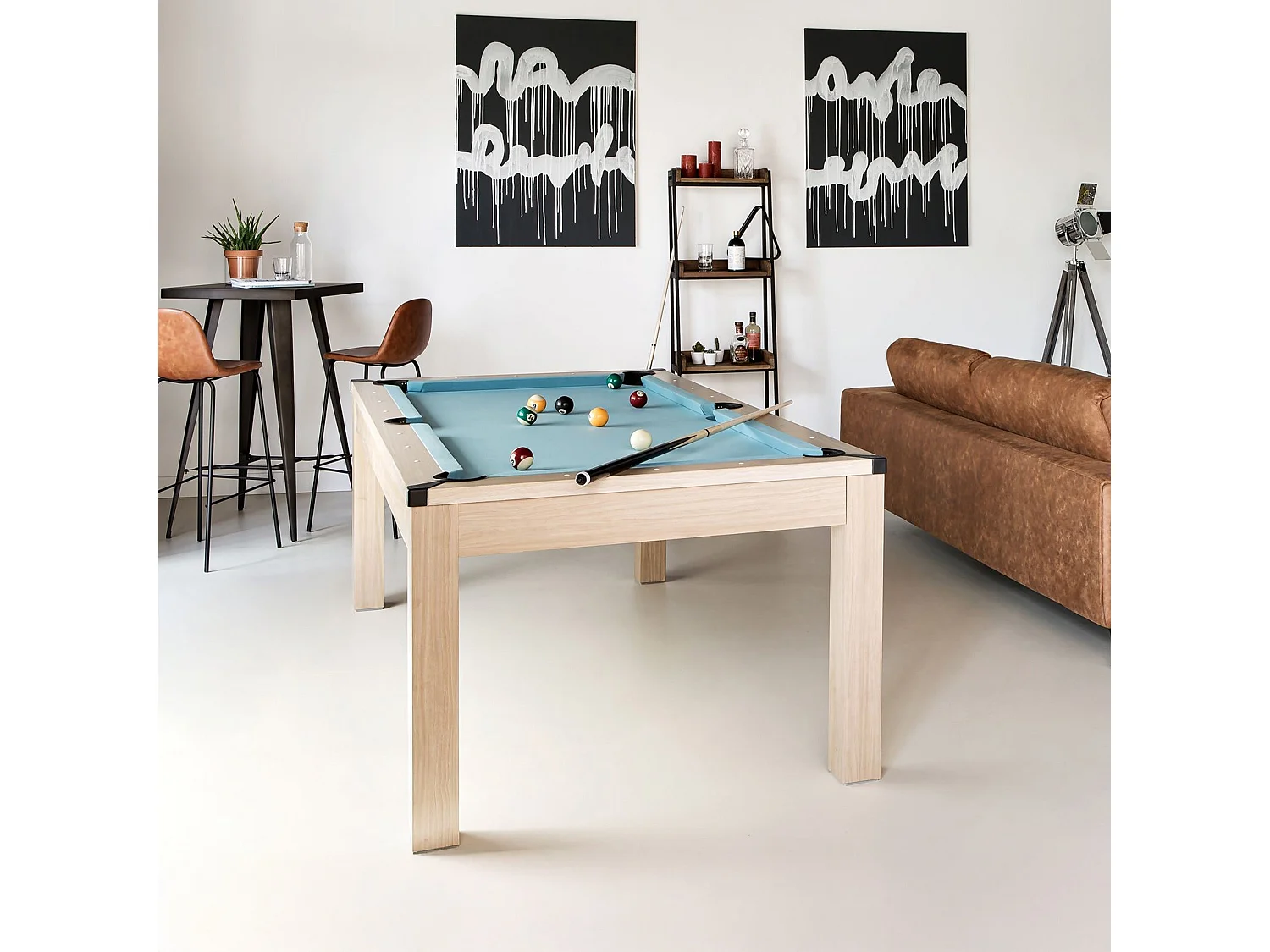 Table de billard convertible bois clair tapis bleu clair - Eddie