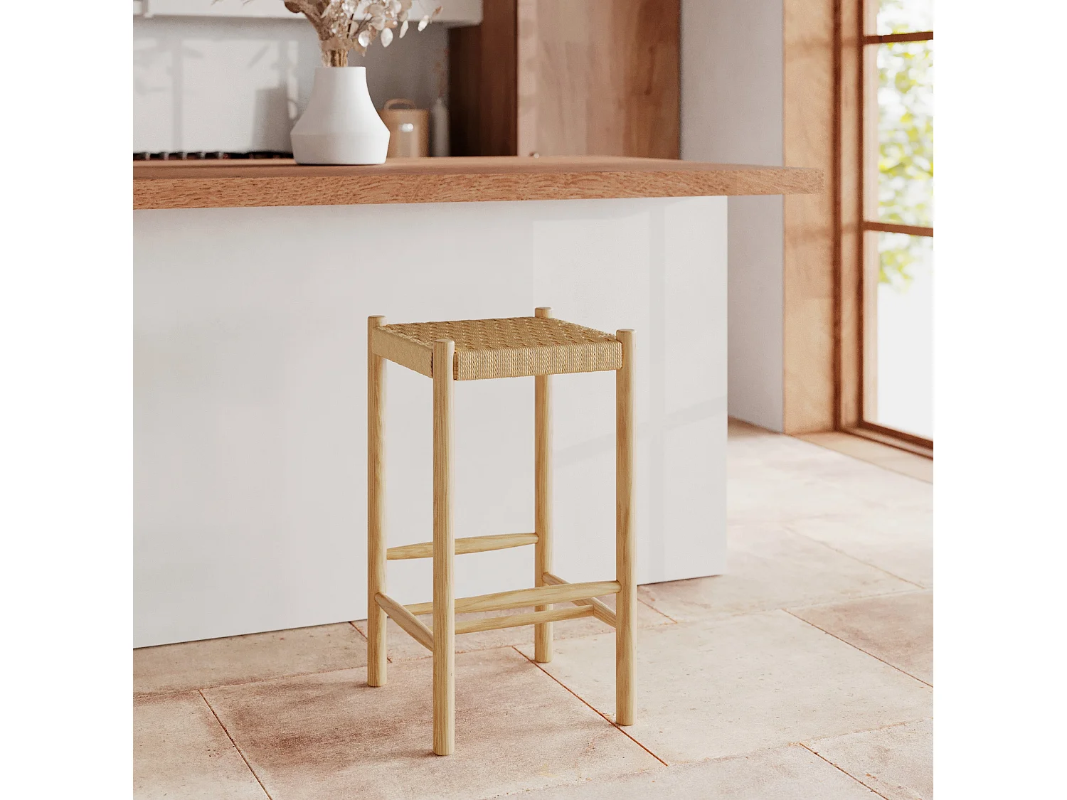 Tabouret pour îlot central 65 cm en tressage et bois - Kepler