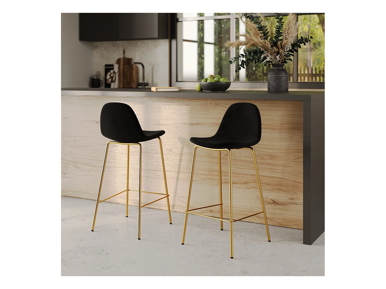 Lot de 2 chaises pour îlot central 65 cm en velours noir et doré - Henrik