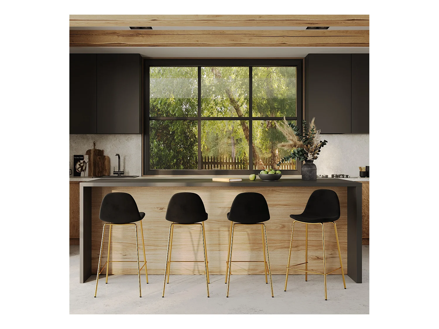 Lot de 2 chaises pour îlot central 65 cm en velours noir et doré - Henrik