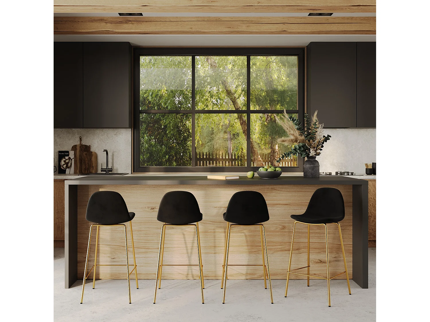 Set de 2 taburetes para isla de cocina en terciopelo negro 65 cm - Henrik