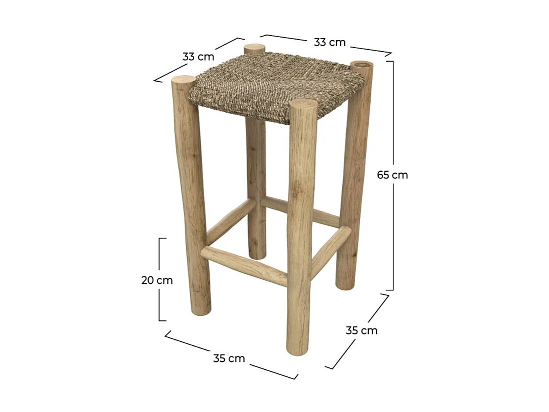 Tabouret pour îlot central 65 cm en jonc de mer et teck - Jovan