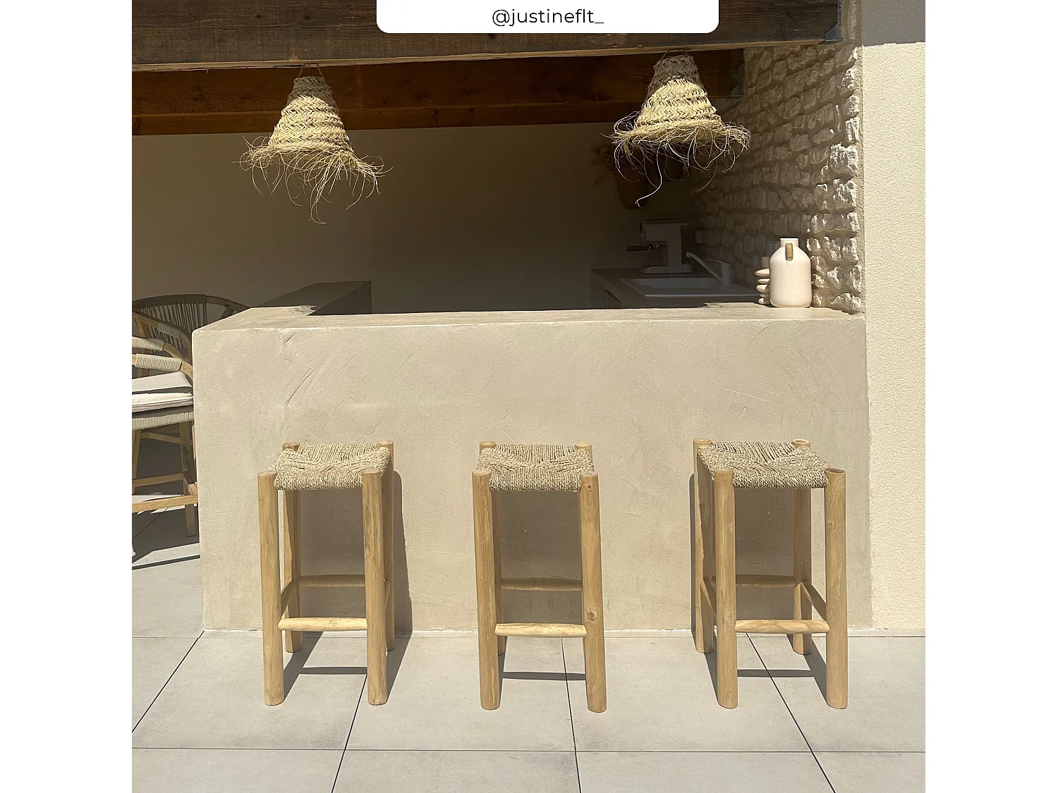 Tabouret pour îlot central 65 cm en jonc de mer et teck - Jovan