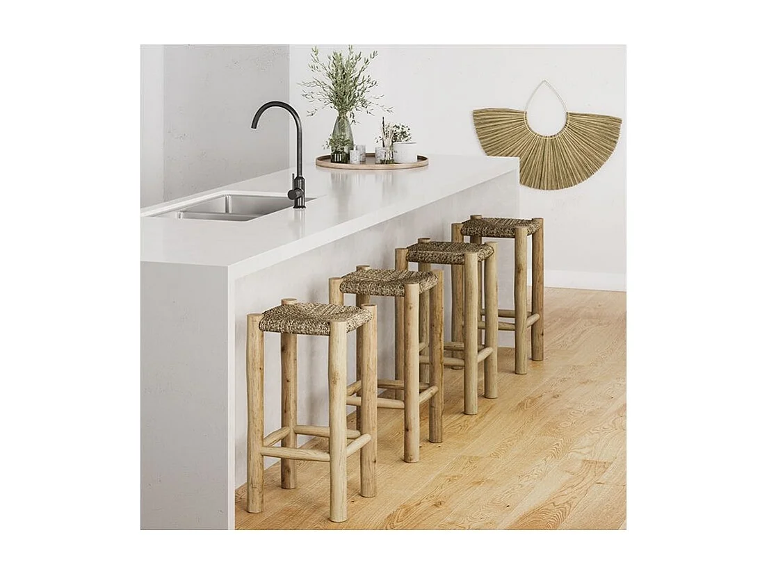 Tabouret pour îlot central 65 cm en jonc de mer et teck - Jovan