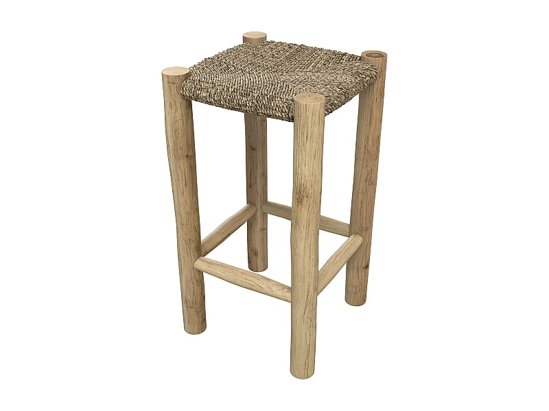 Tabouret pour îlot central 65 cm en jonc de mer et teck - Jovan