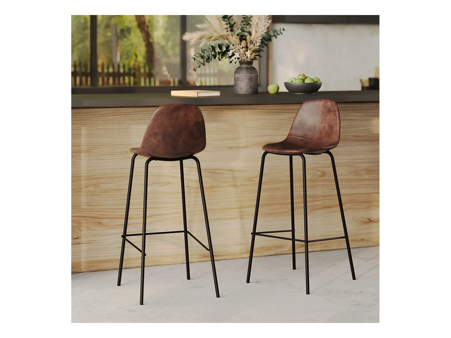 Set de 2 sillas de bar 75 cm en cuero sintético marrón - Henrik