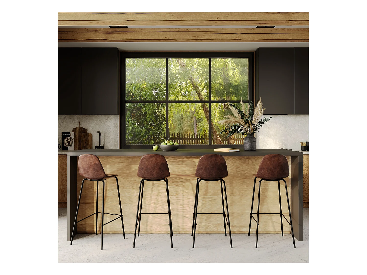 Set de 2 sillas de bar 75 cm en cuero sintético marrón - Henrik