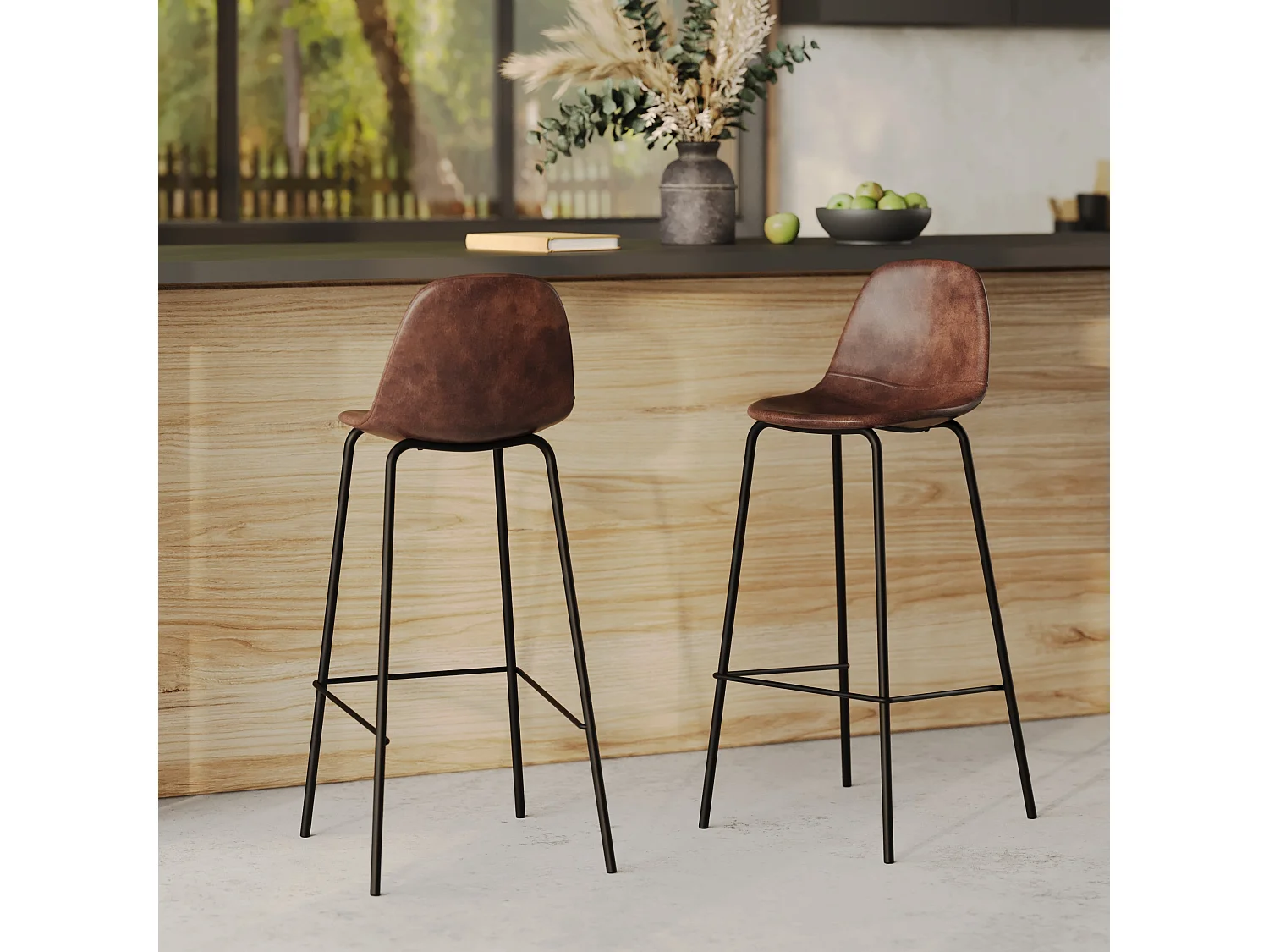 Set de 2 sillas de bar 75 cm en cuero sintético marrón - Henrik