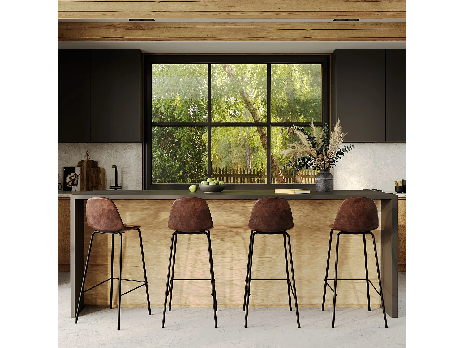 Set de 2 sillas de bar 75 cm en cuero sintético marrón - Henrik