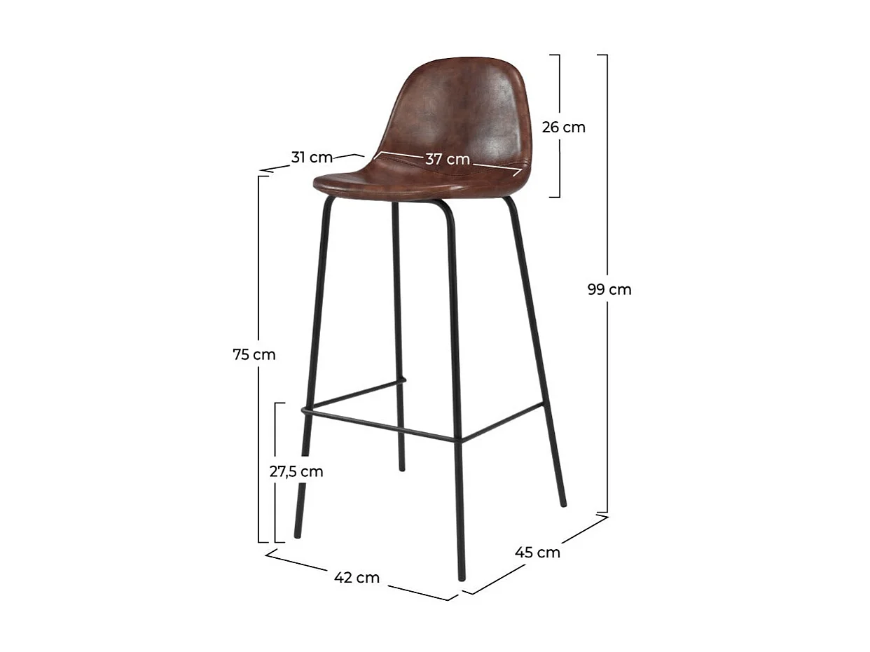 Set de 2 sillas de bar 75 cm en cuero sintético marrón - Henrik