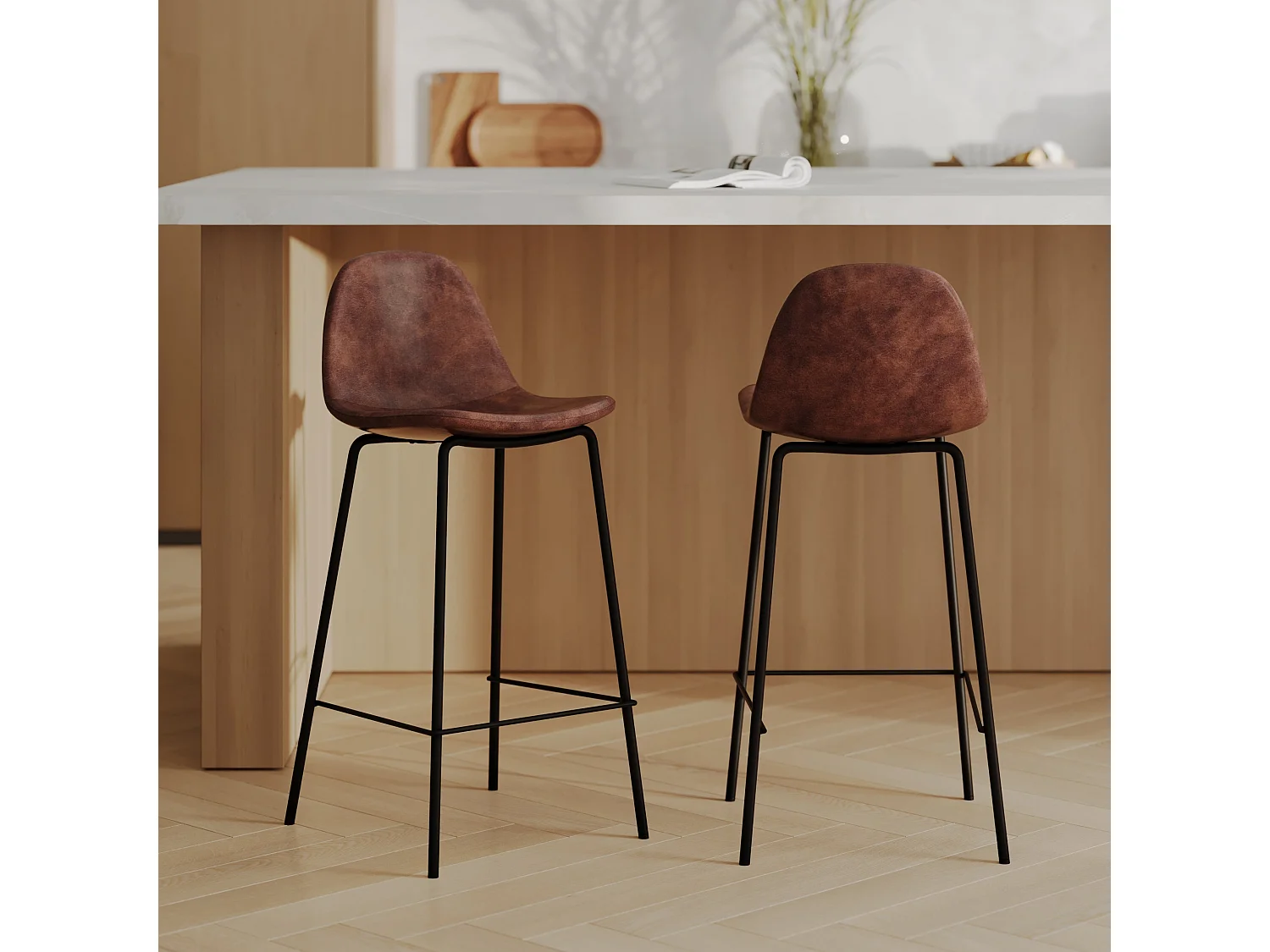 Lot de 2 chaises pour îlot central 65 cm en cuir synthétique marron - Henrik