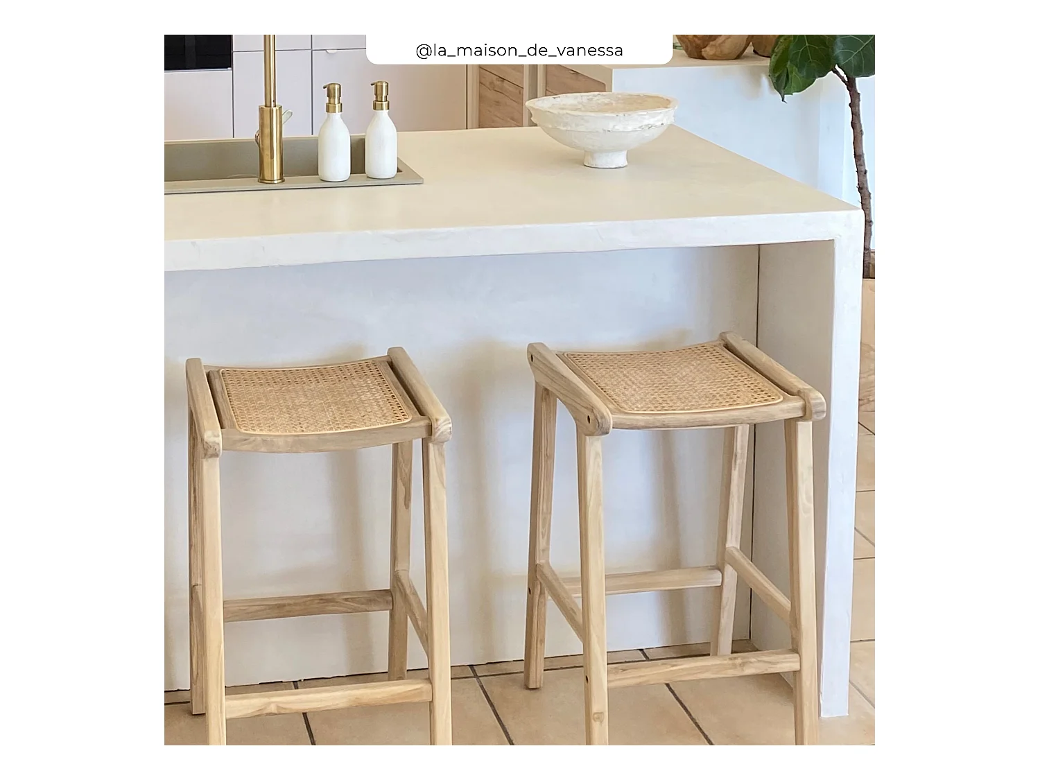 Sedia per isola centrale in teak e rattan naturale 65 cm - Omaha