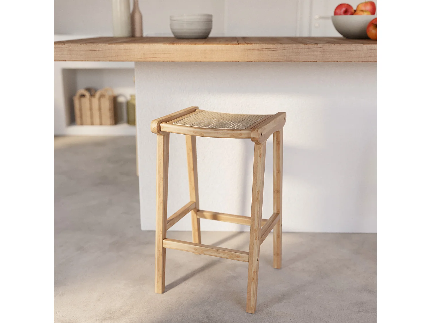 Taburetes para isla de cocina de teca y ratán natural 65 cm - Omaha