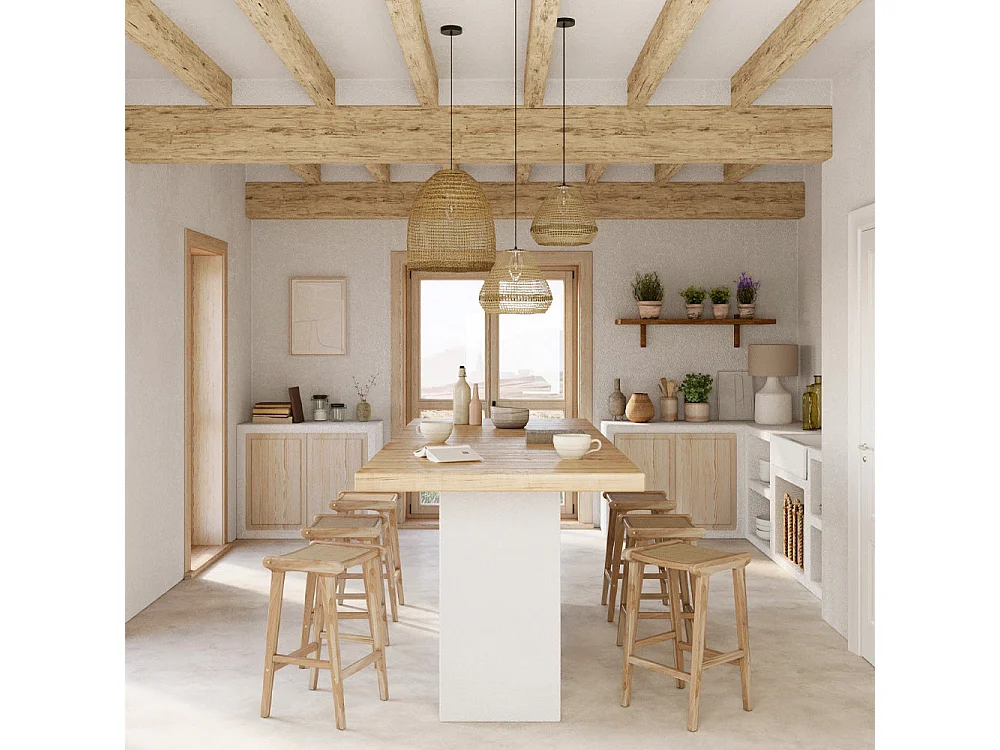 Taburetes para isla de cocina de teca y ratán natural 65 cm - Omaha