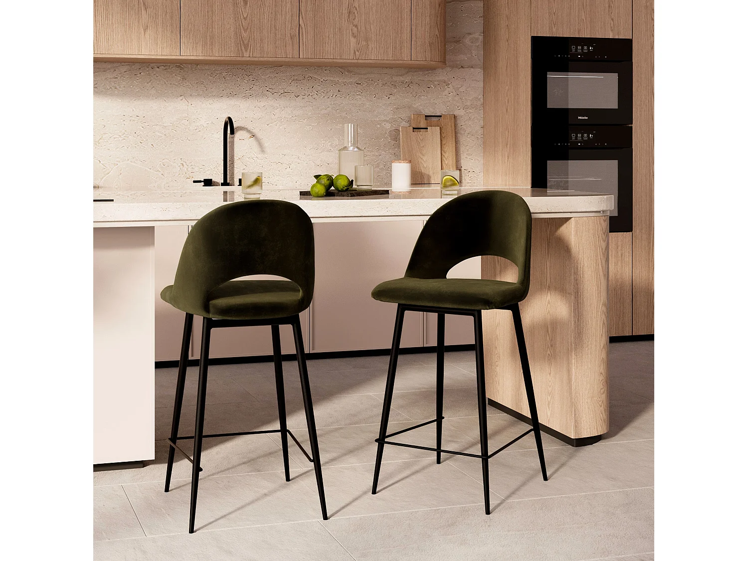 Set de 2 taburetes para isla de cocina en terciopelo verde 65 cm - Pénélope